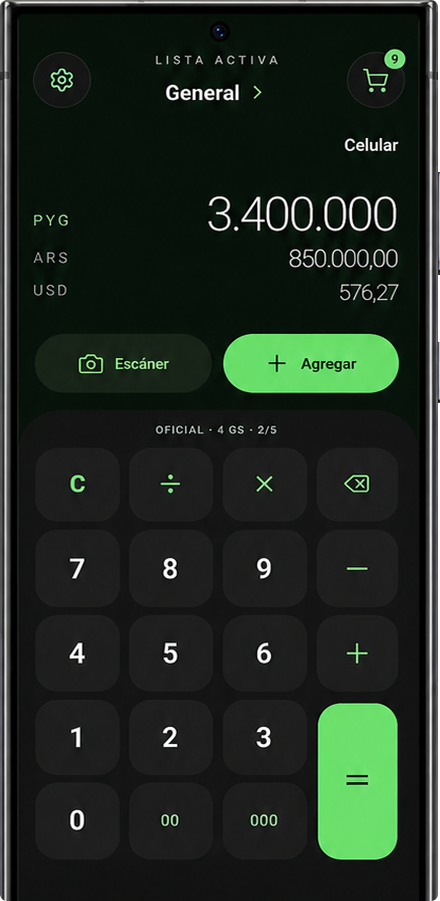 Pantalla principal de Calcupy con lista activa, conversor y calculadora